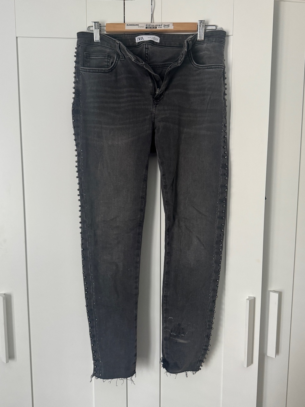 ZARA Women’s Washed Black Skinny Jeans with Side Studs, and black rhinestones.